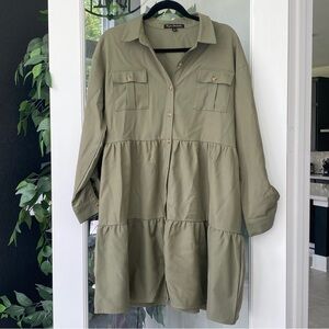 Ryan Michelle Khaki green button up shirt dress with pockets and long sleeves